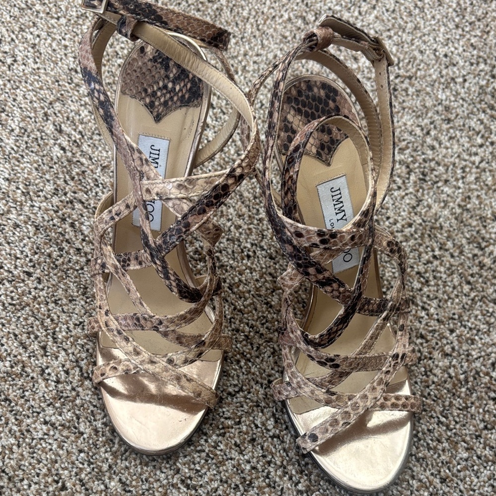 Jimmy Choo Snakeskin Strappy Heels - Brown and Tan